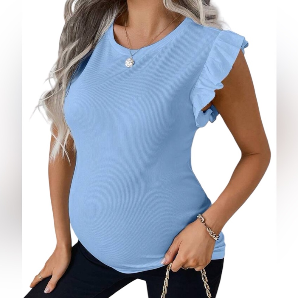 Women's Light Blue Ruffle Sleeve Short Sleeve Tee